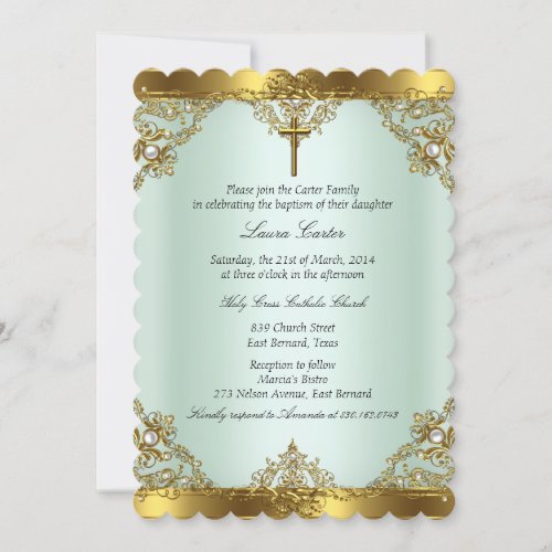 Mint Gold Pearl Damask Cross Baptism Christening 3 Invitation