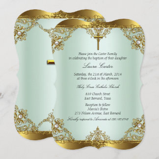 Mint Gold Pearl Damask Cross Baptism Christening 3 Invitation