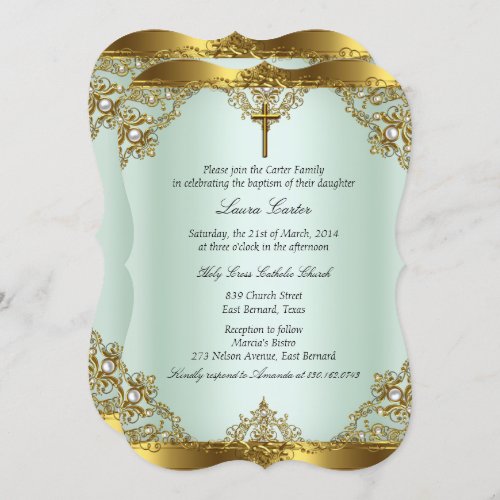 Mint Gold Pearl Damask Cross Baptism Christening 3 Invitation