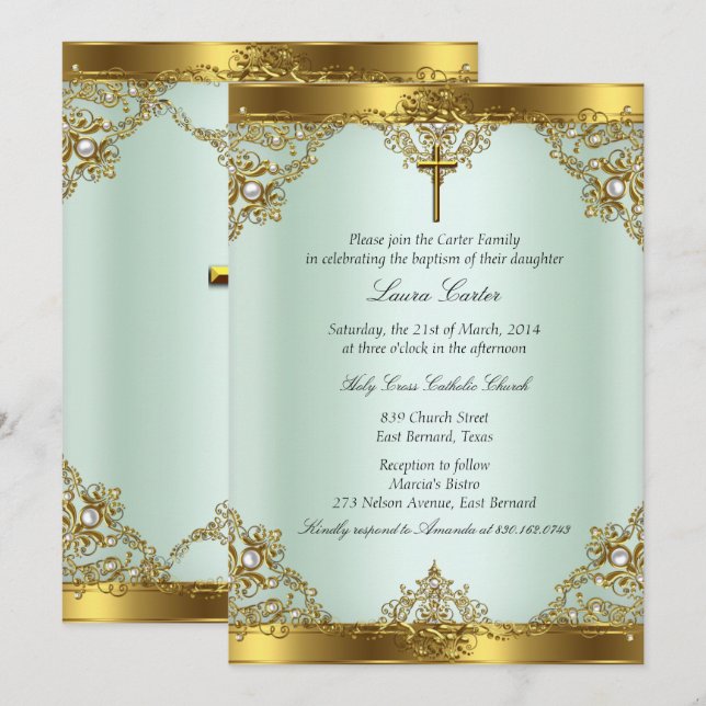 Mint Gold Pearl Damask Cross Baptism Christening 3 Invitation (Front/Back)