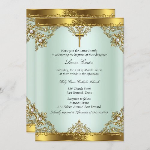 Mint Gold Pearl Damask Cross Baptism Christening 3 Invitation