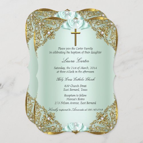 Mint Gold Pearl Damask Cross Baptism Christening Invitation