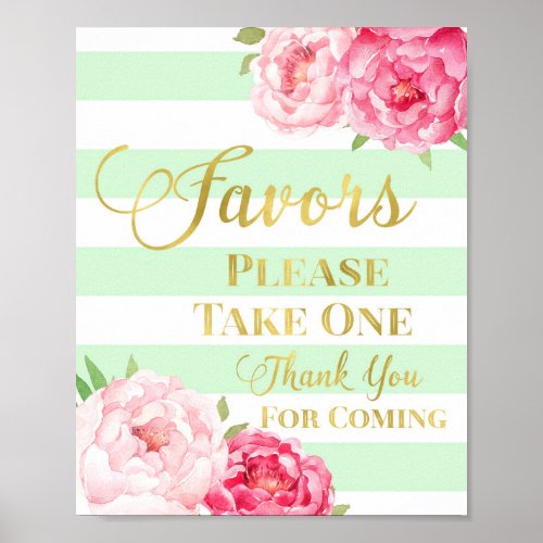 Mint Gold Pink Watercolor Floral Favors Sign