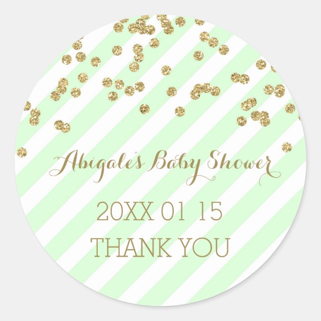 Mint Gold Stripes Baby Shower Favor Sticker (Front)