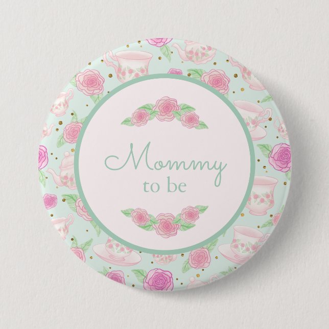 Mint Gold Tea Party Mommy To Be Baby Shower Button (Front)