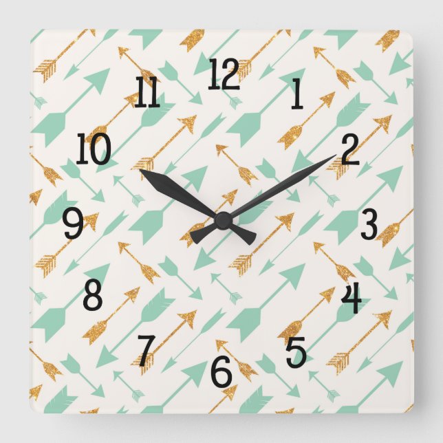 Mint Gold Tribal Aztec Arrows pattern clock (Front)