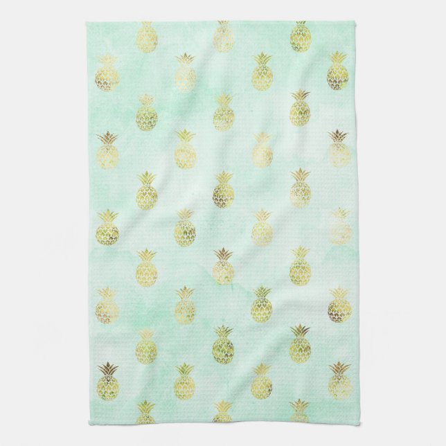 Mint Gold Tropical Pineapples Kitchen Towel (Vertical)