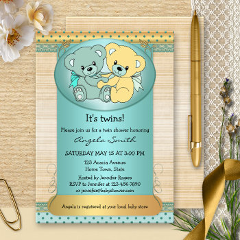 Mint Gold Twin Teddy Bear Baby Shower Invitation by sunnysites at Zazzle