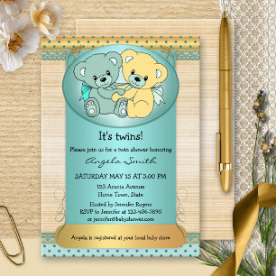 Mint Gold Twin Teddy Bear Baby Shower Invitation