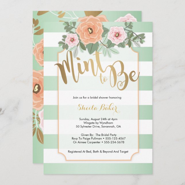 Mint & Gold Wedding Shower Invitation - Mint to Be (Front/Back)