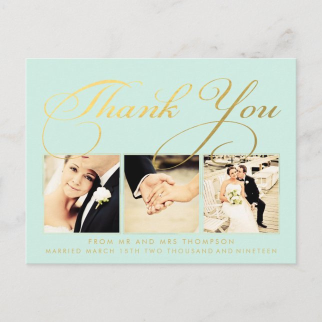 Mint Gold Wedding Thank You Script Photo Postcard (Front)