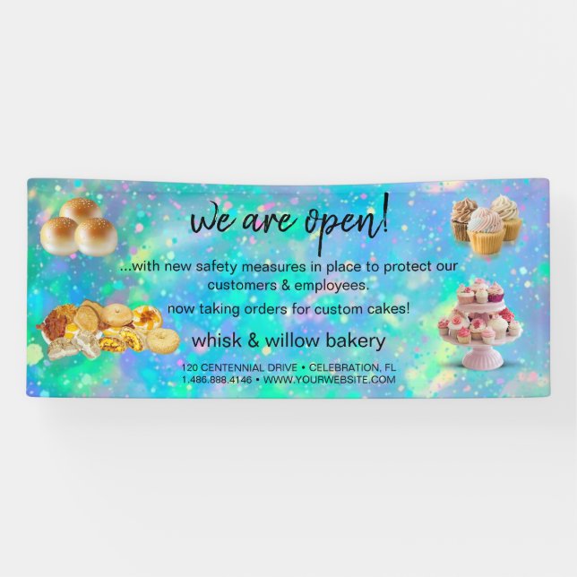 Mint & Gold Whisk Bakery Business Reopening blue Banner (Horizontal)