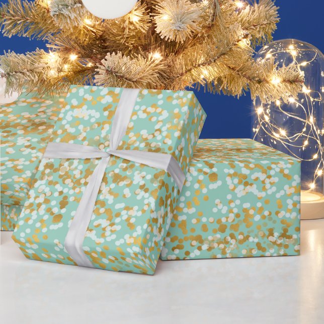 Mint Gold White Confetti Christmas Wrapping Paper (Holidays)