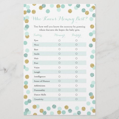 Mint Gold Who Knows Mommy Best Baby Shower Game