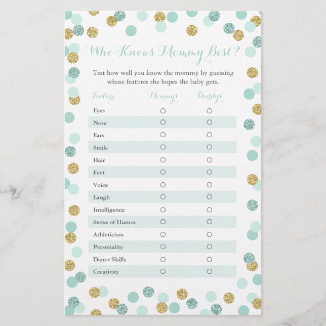 Mint Gold Who Knows Mommy Best Baby Shower Game (Front)