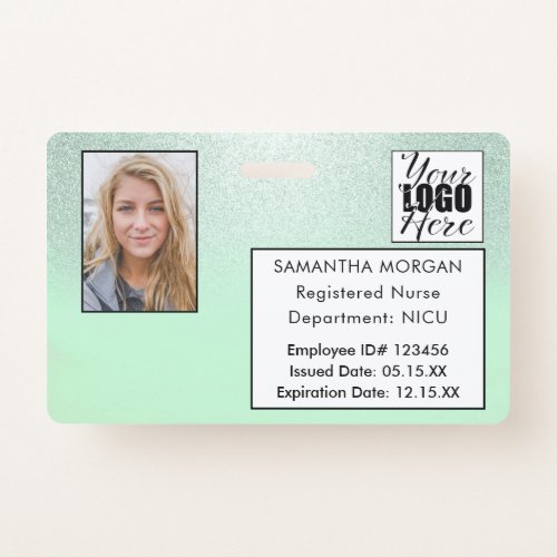 Mint Gradient Glitter Photo Logo Employee ID Badge