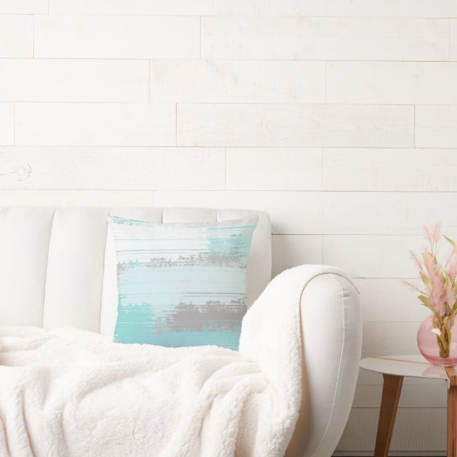 Mint Gray Abstract Brushstrokes Throw Pillow (Couch)