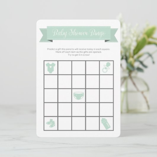 Mint Gray Baby Shower Bingo Game Double Sided (Standing Front)