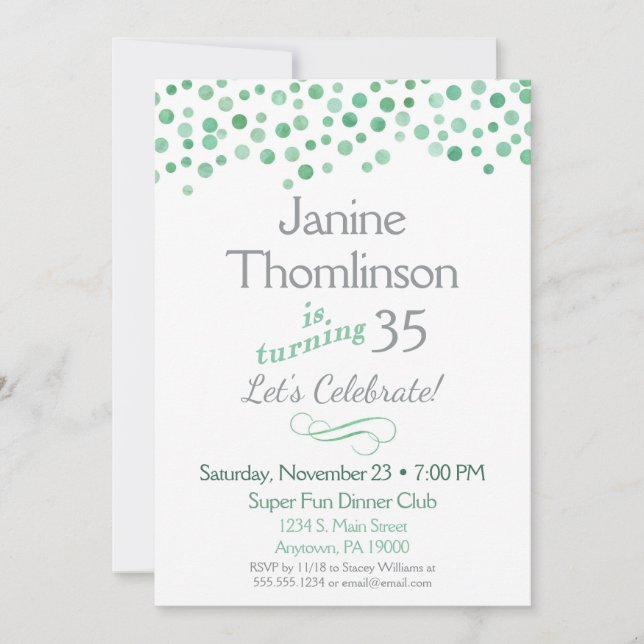 Mint Gray Birthday Invitation Confetti Watercolor (Front)
