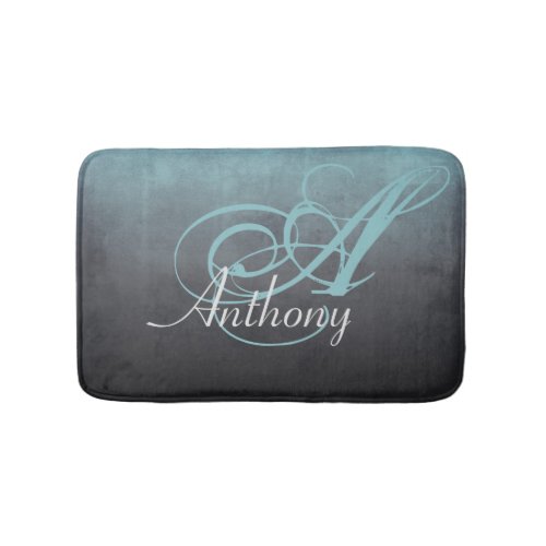 Mint Gray Black Rustic Abstract Name Monogram Bath Mat