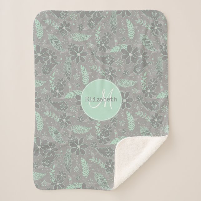 mint gray boho feathers doodle flowers paislies sherpa blanket (Front)