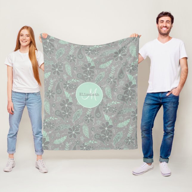 mint gray boho floral feathers pattern monogrammed fleece blanket (In Situ)