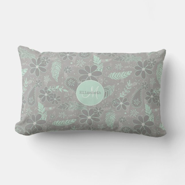 mint gray boho floral feathers pattern outdoor lumbar pillow (Front)