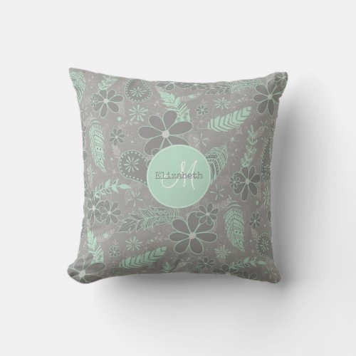 mint gray boho flowers feathers paisley pattern throw pillow