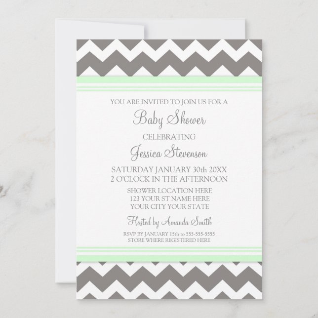Mint Gray Chevron Custom Baby Shower Invitations (Back)