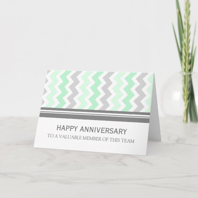 Mint Gray Chevron Employee Anniversary Card (Front)