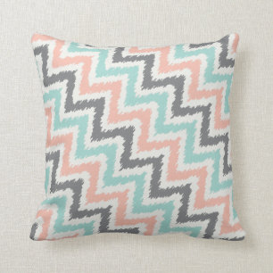 Mint Gray Coral Zigzag Ikat Pattern Throw Pillow