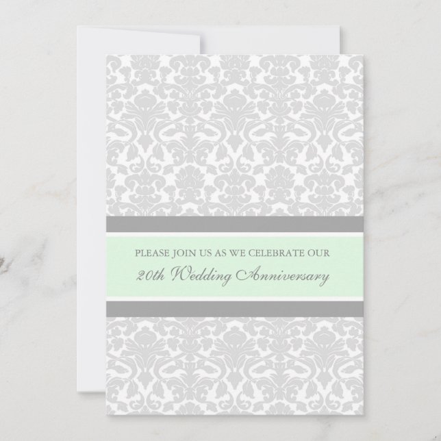 Mint Gray Damask 20th Anniversary Party Invitation (Front)