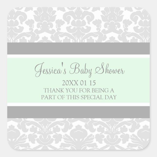 Mint Gray Damask Baby Shower Favor Stickers (Front)
