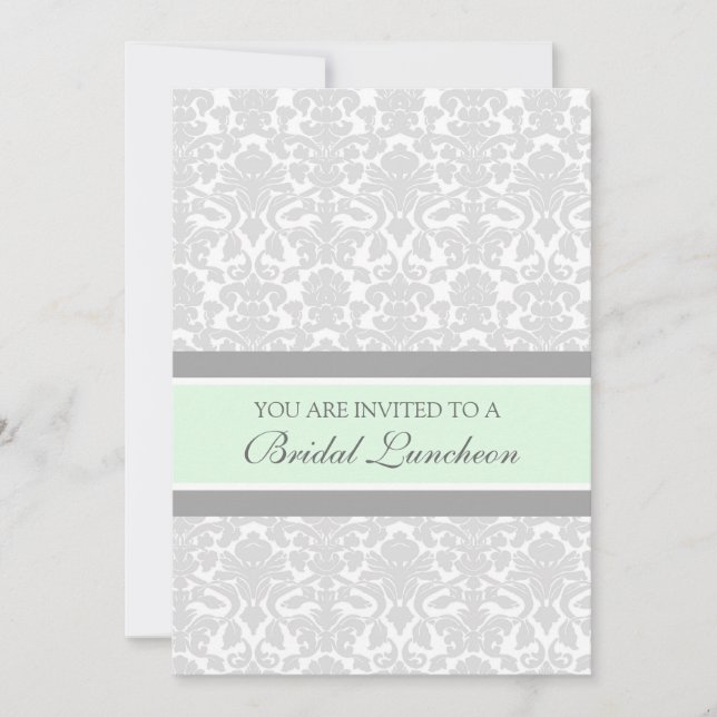 Mint Gray Damask Bridal Lunch Invitation Cards (Front)