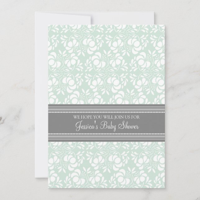 Mint Gray Damask Custom Baby Shower Invitations (Front)