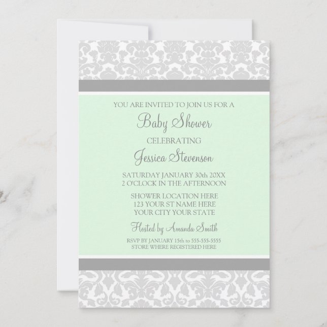 Mint Gray Damask Custom Baby Shower Invitations (Back)