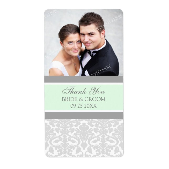 Mint Gray Damask Photo Wedding Labels (Front)