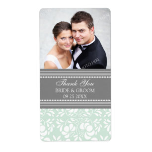 Mint Gray Damask Photo Wedding Labels
