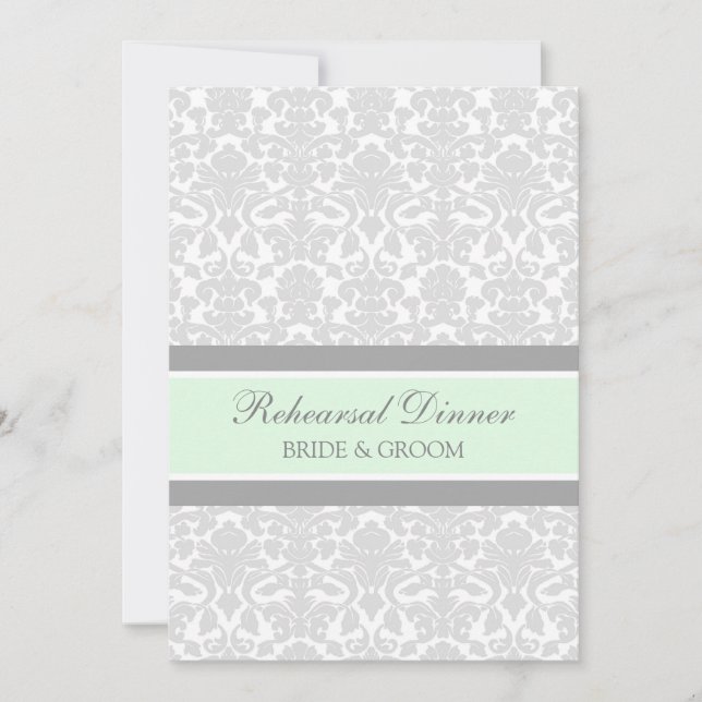 Mint Gray Damask Rehearsal Dinner Party Invitation (Front)