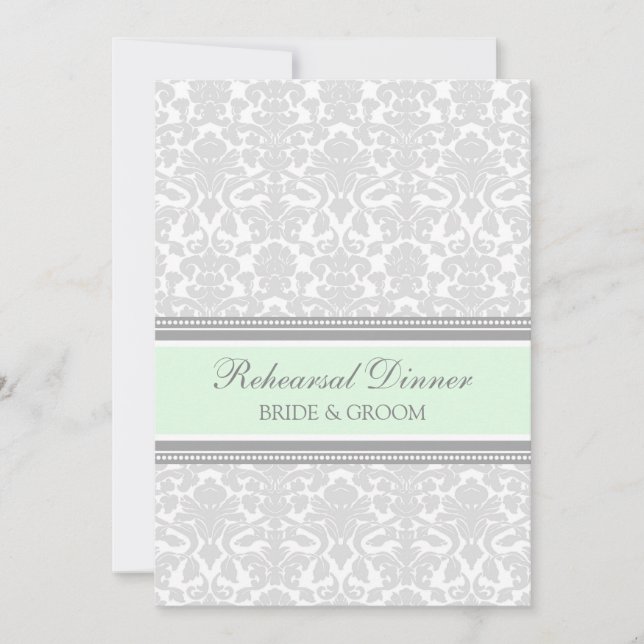 Mint Gray Damask Rehearsal Dinner Party Invitation (Front)
