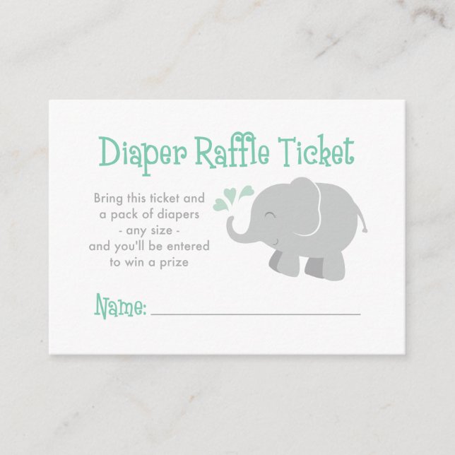 Mint Gray Elephant Diaper Raffle Baby Shower Enclosure Card (Front)