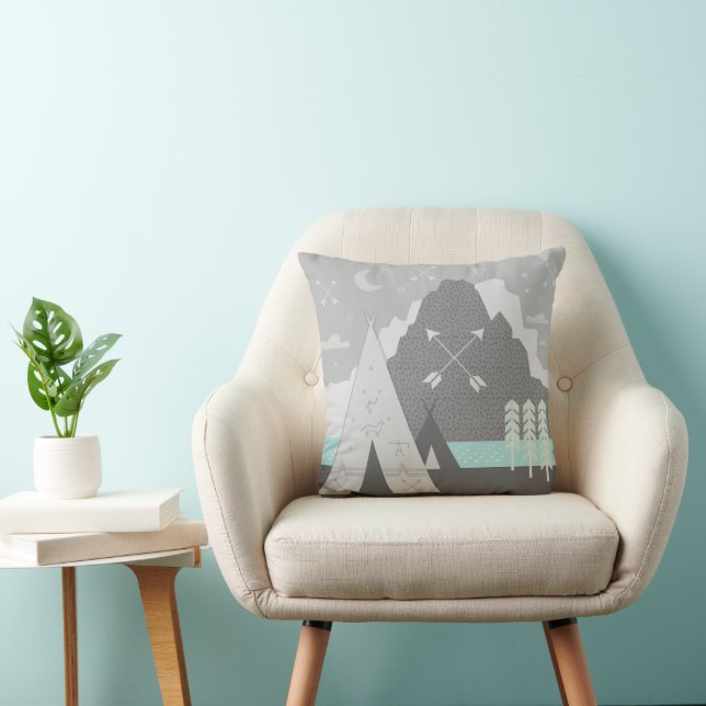Mint Gray Indian Tribal Tepee Arrow Moon Mountain Throw Pillow (Chair)