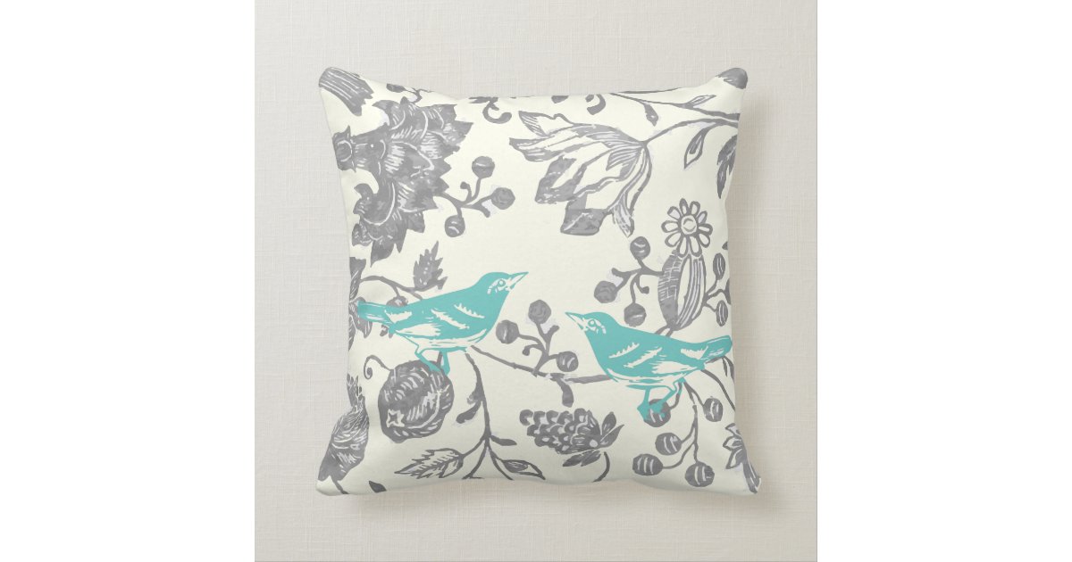 Mint & Gray Ivory Vintage Floral Bird Pattern Throw Pillow Zazzle.com