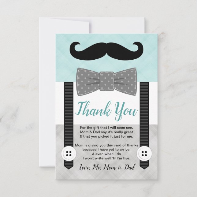 Mint gray little man mustache boy baby shower thank you card (Front)