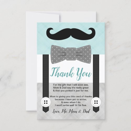 Mint gray little man mustache boy baby shower thank you card
