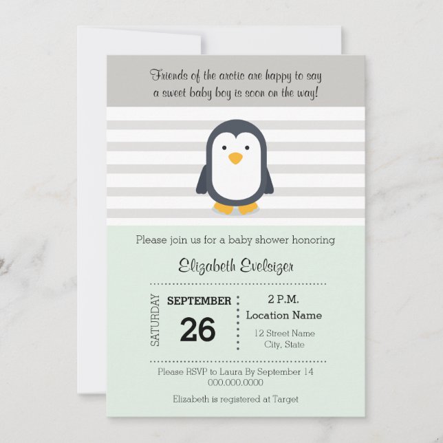 Mint Gray Penguin Baby Shower Invitation (Front)