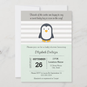 Mint Gray Penguin Baby Shower Invitation