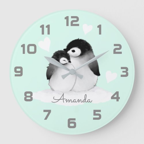 Mint Gray Penguin Heart Nursery Decor Wall Clock