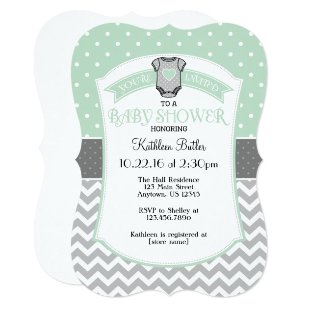 Mint Gray Polka Dot Chevron Baby Shower Invite