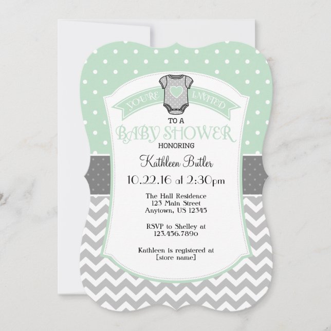 Mint Gray Polka Dot Chevron Baby Shower Invite (Front)